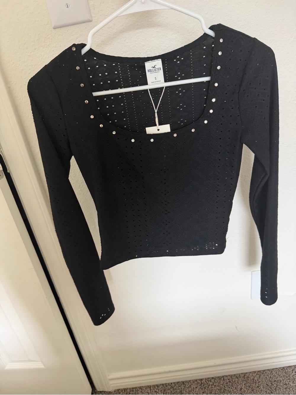 Hollister Black Long-Sleeve Eyelet Scoop Neck Top with Stud Trim